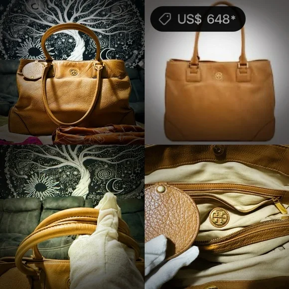 Vintage Y2K Tory Burch Tan soft Leather Tote handbag shoulder bag with scarf - Picture 9 of 17